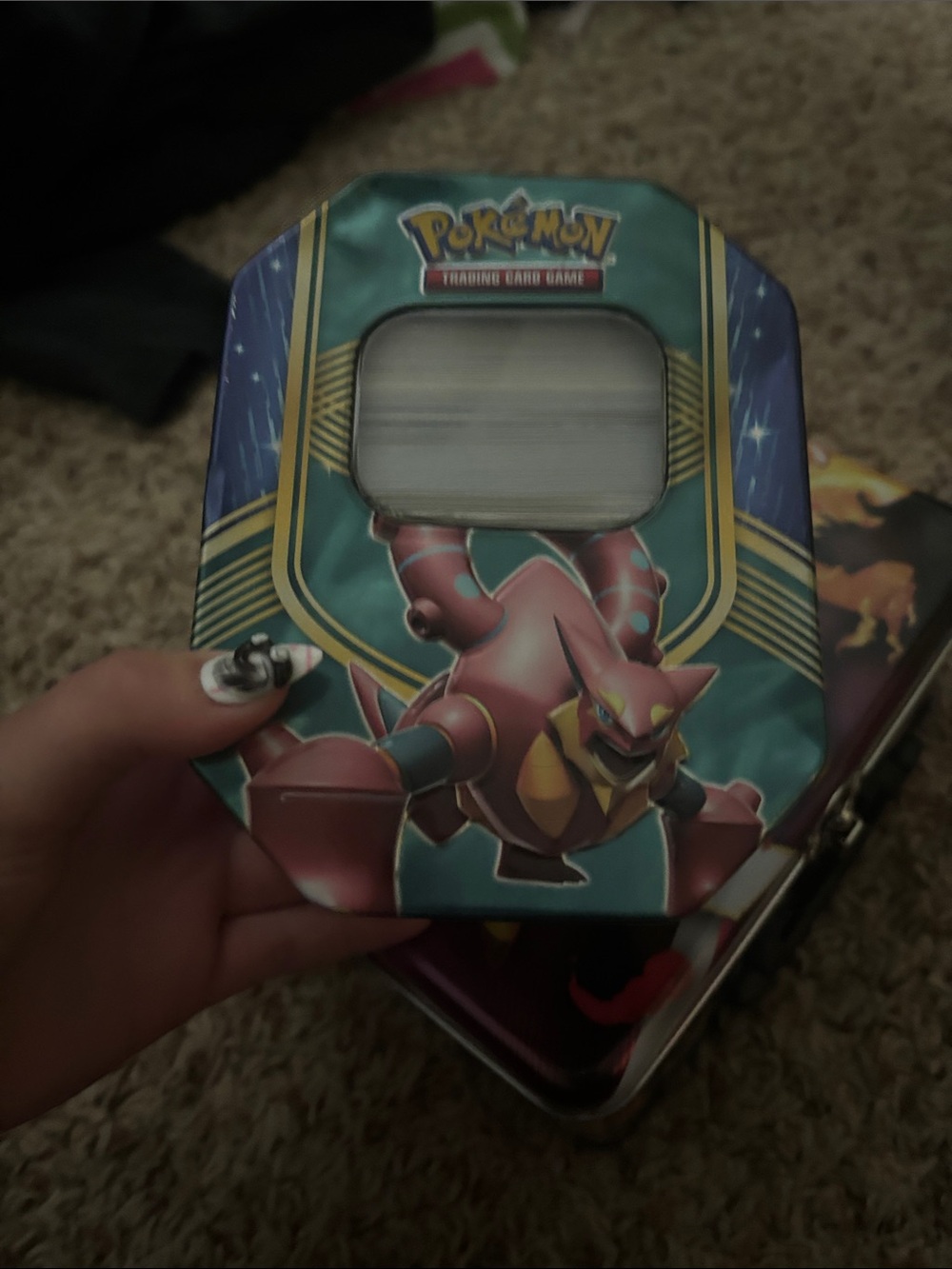 Pokémon TCG volcaninion Green Metal Card Tin + bulk cards, holos/rev and c/uc
